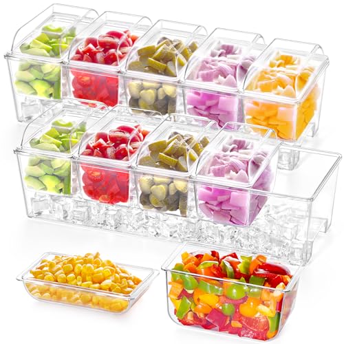 Lifewit 2 Stk. abnehmbare Ice Zutatenbehälter, 5 Fächer Frischebehälter mit Deckel, Ice Eiswürfel hinzufügbar, Behälter zum Garnieren mit 5 Einsätzen, Serving Bar für Obst/Snacks/Cocktail Zutaten