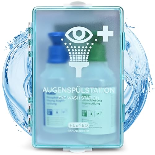 FLEXEO Augenspülstation inkl. (1x 500 ml NaCl-Kochsalzlösung + 1x 250 ml Phosphatpufferlösung) mit Wandhalterung – Augenspülung – Augendusche – sterile NaCl-Augenspüllösung – pH-neutral