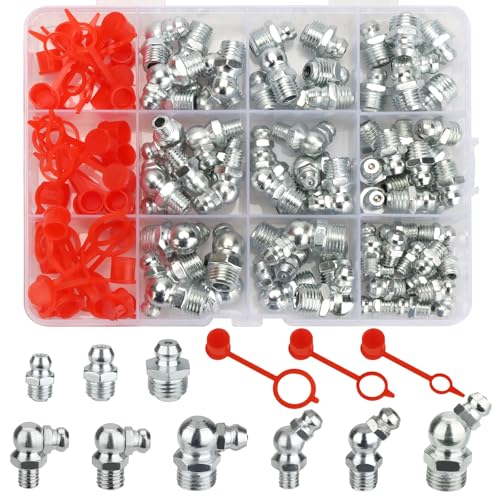 Nadinsta 100 Stück Metrisch Schmiernippel Fettnippel Sortiment Kit für Fettpresse, M6 M8 M10 Gerade Abgewinkelt 45 ° 90 ° Abschmiernippel Kegelnippel set, Kit Kegelschmiernippel für Schmierpressen