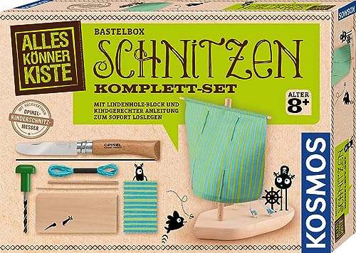 KOSMOS 604608 AllesKönnerKiste Schnitzen Komplett-Set, mit Kinder-Schnitzmesser, Lindenholz-Block, Boot selber schnitzen, Schnitz-Set, Bastel-Set für Kinder ab 8 Jahre