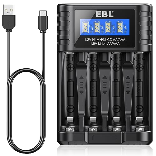 EBL Akku Ladegerät für AA AAA 1,2V NI-MH 1,5V Li-Ionen wiederaufladbare Batterien, Type-C Eingang, Intelligentes Anzeige- und Erkennungssystem, separater Ladeschacht