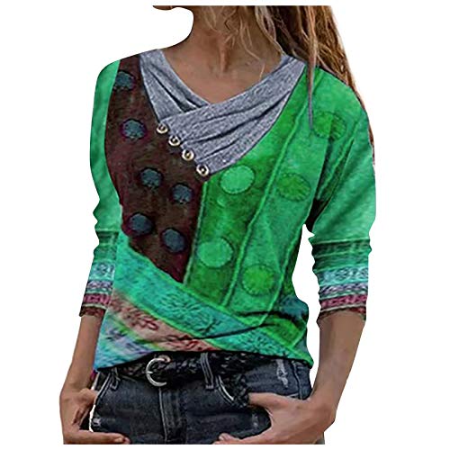 Langarmshirt Sweatshirt Knopfausschnitt Stickkragen Damen Mode Casual V-Ausschnitt Bluse Tops Frauen Tie-Dye Bedruckte Kapuzenpullover Pullover Lose Oberteile Bluse Nähoberteil T-Shirt (B-Grün, L)