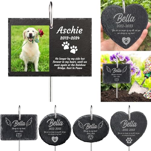 MJARTORIA Personalisiert Tiergrabstein Grabstein Hund Katze Grabplatte Grabstecker mit Gravur, Individuelles Grabschmuck Wetterfest Herz Grab Gedenkstein mit Namen Datum (Schwarz Eckig mit Foto)