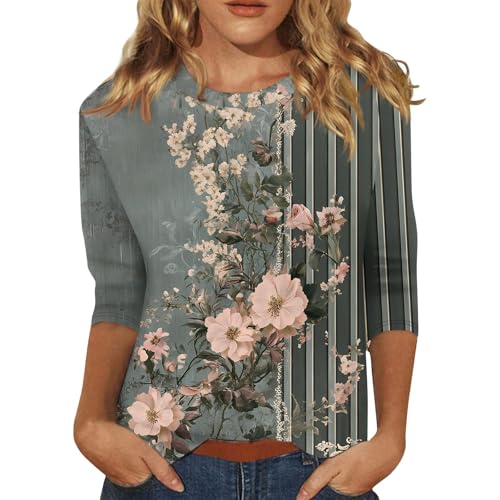 Generisch Angebot+des+Tages,Pulli Mit Reissverschluss Damen Oberteil Elegant Damen Damen Bluse Mit Blumenmuster,Lässige 3/4 Ärmel Weiches Material Für Frühling Und Sommer （Grau，S）