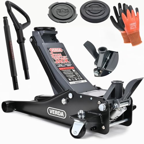Wagenheber 3T, 75-505 mm + 2X Gummiauflage + Montagehandschuhe Extra Flacher Rangierwagenheber mit Doppelkolben Doppelpumpsystem und Fußschnellhub Fußpedal Auto Heber Unterstellbock Modellwahl