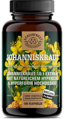 Johanniskraut Kapseln -180 Stück je 5000mg- WICHTIG: 10:1 Extrakt (=5000mg reines Johanniskraut) PLUS Hypericin & Hyperforin I Zertifiziert Laborgeprüft & Vegan -DE- SCHEUNENGUT®
