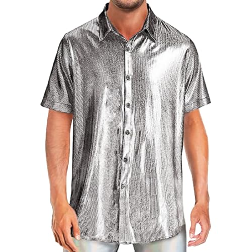Glitzer Hemd Herren Gold T-Shirt Pailletten Hemd 70er Disco Metallic Glänzend Bronzing Shirt Oberteil Tops für Männer Goldenes Silber Shirts Nachtklub Partyshirt für Club Cosplay Karneval Kustüm