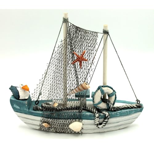 Gerkimex Boot aus Holz ca. 20 cm Antik-Design Weiss-hellblau Fischkutter Schiff