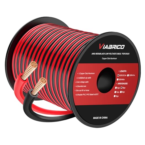 VIABRICO 100FT 18 AWG Gauge Electrical Wire, DC 12V Hookup Red Black Stranded Auto 2 Cord Low Voltage, Extension Cable with Spool for LED Ribbon Lamp Light