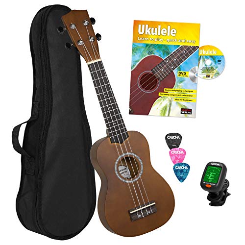 CASCHA Sopran Ukulele Set für Kinder und Erwachsene I Ukulele Starter Kit mit 3 Plektren Tasche englisches Lehrbuch DVD Stimmgerät I Ukulele Set Aquila Saiten Nylon I Kleine Hawaii Gitarre I Braun