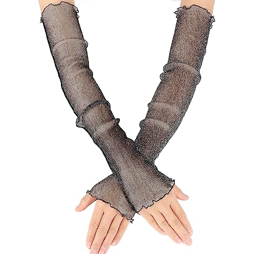 Damen Spitze Armstulpen Lange Fingerlose Handschuhe Schwarz Ultradünne UV Schutz Arm Ärmel Cooles Mesh Tüll Fingerlose Ärmel für Party Outdoor Sport