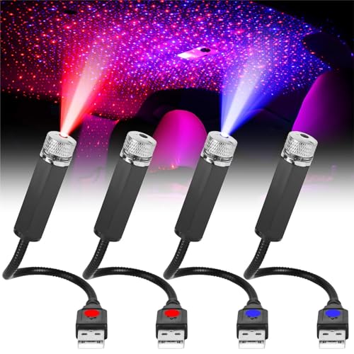 Asfrode Auto Decke Starlight, 4 Stück Sternenhimmel Projektor Auto Innen Atmosphäre LED-Licht Car Ceiling Starlight Mehrere Modi USB Plug and Play Nachtlicht für Auto Decken Schlafzimmer Party