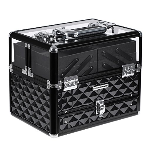 SONGMICS Kosmetikkasten Kosmetikkoffer, Professionell Kosmetik Aufbewahrung Multikoffer Etagenkoffer, Transparent Acrylglas klappbare FÄcher XL JBC318B