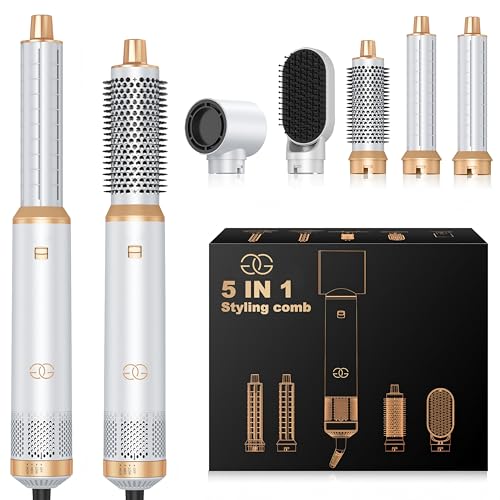 Airstyler 5-in-1 Lockenstab, Golden Goods Hairstyler Set mit Warmluftbürste, Glättbürste, 1000W Haartrockner, Geben Sie Volumen, Glätten, Locken und Föhnen, Rundbürstenföhn