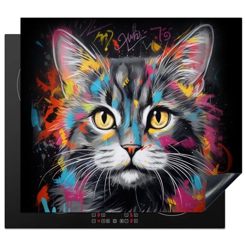 KitchenYeah© Herdabdeckplatte Induktion Schutzmatte Küche Herdabdeckung Ceranfeld Induktionsmatte Cerankochfeld Abdeckung Katze - Graffiti - Tiere - Farben - Grau - 60x52 cm