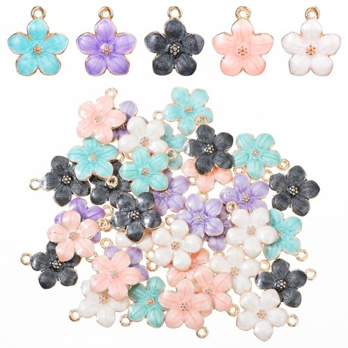 Mabor 35Pcs Emaillierter Kirschblüten Charms Armbänder Charms Anhänger Set，Metallischer Blumen Anhänger Schlüsselanhänger Basteln zur Schmuckmachen Halsketten Armbänder Ohrringe DIY Bastelarbeiten
