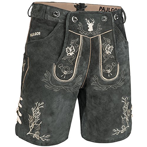PAULGOS Herren Trachten Lederhose HK3 + Träger, Echtes Leder, Größe 54, Grau