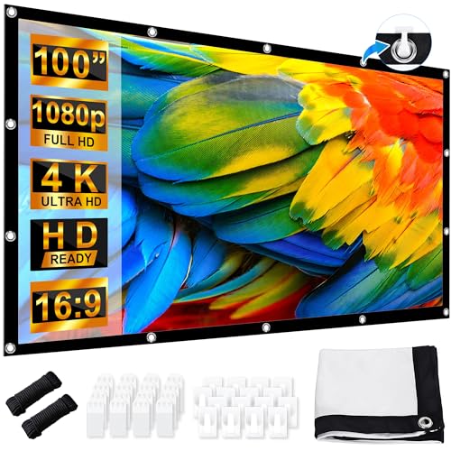 Beamer Leinwand 100 Zoll, LEORFI Projektionsleinwand Outdoor 16: 9 HD, Tragbare Faltbar Anti-Falten Projektion leinwand 227x127cm, Doppelseitige Projektion, Projektor Leinwand für Camping und Heimkino