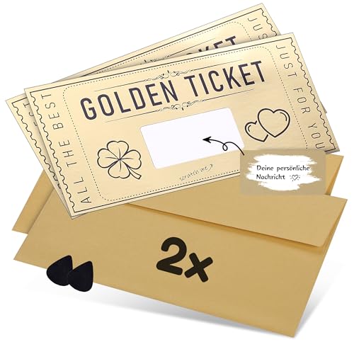 DasWas 2x Goldenes Ticket - Geschenk Gutschein zum Selber Auffüllen mit Rubbelaufkleber - Rubbellose & Gutscheinkarten Selber Machen - Personalisiertes Geschenk im funkelndem Umschlag + Rubbelwerkzeug