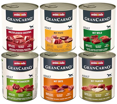 animonda GranCarno Hunde Nassfutter Kräftige Variation II (6 x 800 g), getreidefreies Hundenassfutter ohne Zucker, für ausgewachsene Hunde, mit frischen fleischigen Zutaten