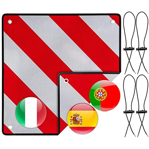 Warntafel Italien und Spanien 4 Spannseile 2in1 50 x 50 cm, Reflektierendes Aluminium Warnschild Rot Weiß für Heckträger, Fahrradträger, Anhänger, Wohnwagen, Auto, Wohnmobil, Urlaub, Abschleppen