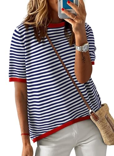Cuptacc Tshirt Damen Gestreiftes Shirt Damen Tops Sommer Weisses Elegant Rundhals Oberteile Locker Bluse Kurzarm Top Dunkelblau Mittel M 38-40