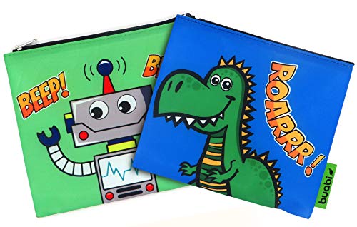 Mehrweg Snackhalter, Sandwich-Tasche für Kinder. Tasche zum Mitnehmen für Lebensmittel, Snacks, Obst. Thermo-Textilverpackung, ökologisch, waschbar, BPA-frei (19.5x17 Roboter und Dinosaurier)