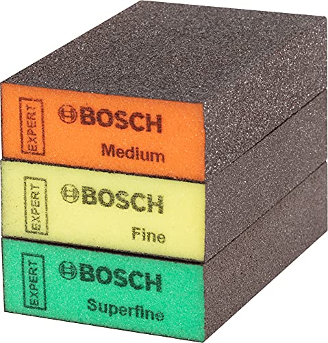 Bosch 3X Expert S471 Standard Blöcke (Schleifschwamm für Weichholz, Farbe auf Holz, 69 x 97 x 26 mm, Feinheitsgrad Mittel/Fein/Superfein, Professional Zubehör Handschleifen)
