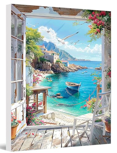 LZLHDE Malen Nach Zahlen Erwachsene Strände Landschaft mit Rahmen, Paint by Numbers Adult Knitterfreie Leinwand Bilder Diy GemäLde Kit mit Pinsel und Acrylfarbe Als Geschenk für Wanddeko 40x50cm