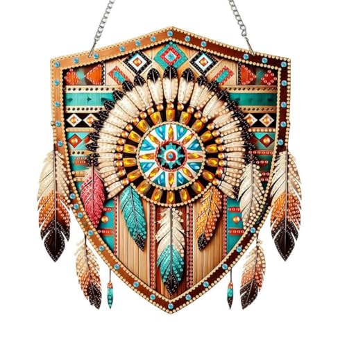 DIY Acryl-Diamant-Kunst-Malerei-Kranz-Kits, spezielle geformte Strasssteine, runde Diamantkunst, Fensteranhänger, Haus, Garten, Wandbehang Kits (einseitiger Punktbohrer), Aboriginal Shield-1