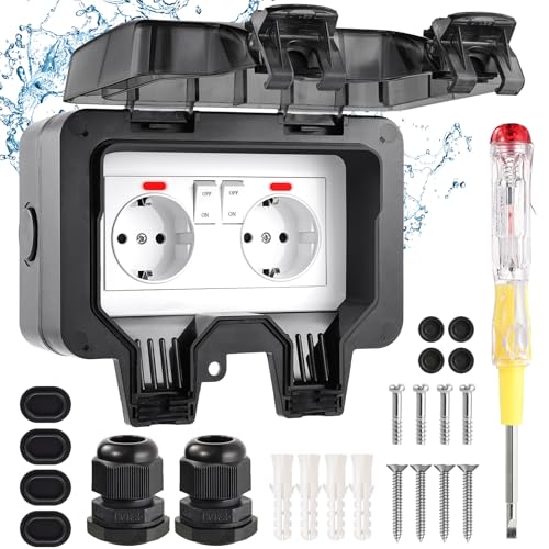 Aussensteckdose Wasserdicht IP66 Outdoor Steckdose mit Schalter Kontrollleuchte, 3680W Wetterfest Außensteckdose Aufputz Wand Garten Steckdose mit Klappdeckel inklusive Gärten Schwimmbad Aussenbereich
