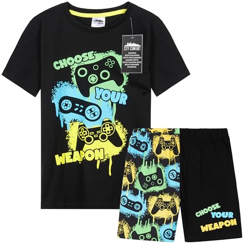 CityComfort Schlafanzug Kinder Jungen Teenager Sommer Baumwolle Pyjama Set Atmungsaktiv und Bequem Gaming Kurze Schlafanzüge Jungen (13-14 Jahre, Schwarz/Mehrfarbig)