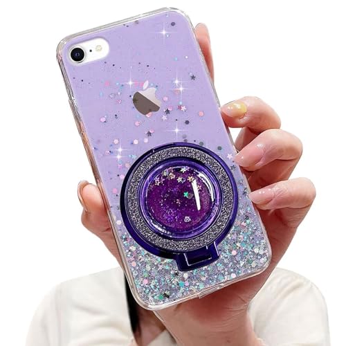 Tivenfezk Nadoli Sparkle Treibsand Ständer Hülle für iPhone 6/6S,Versteckt Ständer Ring Klar Glitzer Stern Handyhülle Durchsichtig Bling Schutzhülle Case Cover,Lila