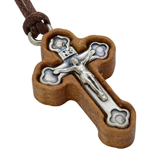 Junker Kirchenbedarf Kleeblattkreuz - Olivenholz Kreuz Anhänger - Kruzifix mit Korpus aus Metall am Band, 3cm