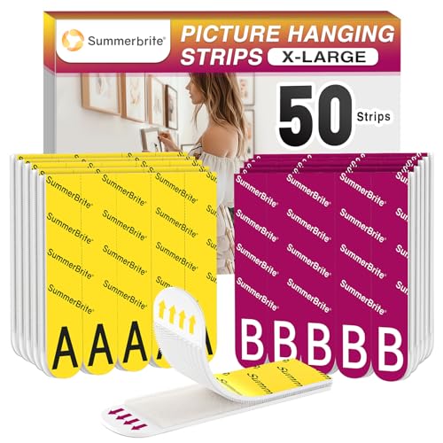 Summerbrite Klebestreifen 25 Paar (50 Streifen,Größe XL) Bilder Aufhängen ohne Bohren, Klettband Selbstklebend,Streifen halten bis zu 6,8 kg, Rückstandslos, Geeignet für Fotorahmen, Dekorationen