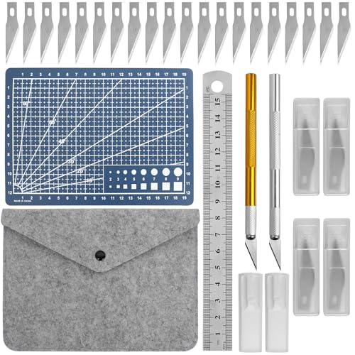 Carving Craft Messer Set,Skalpell Set mit 2 Schnitzmesser,40 Skalpell Klingen,A5 Schneidmatte,Stahllineal,Filz-Tasche,Bastelmesser Hobbymesser Set Geeignet für DIY Kunst Kreation Schneiden Schnitzen