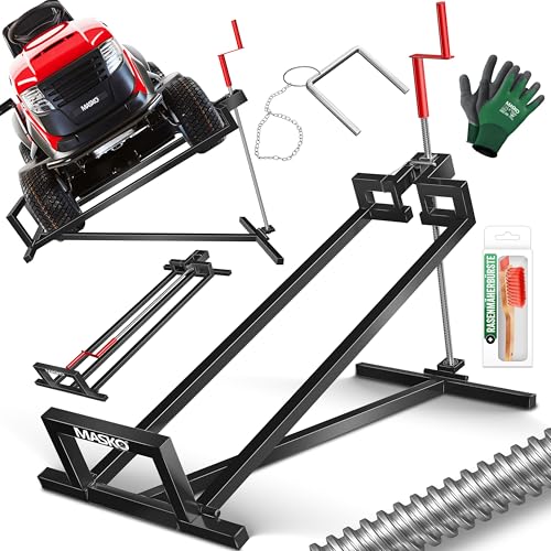 MASKO® XXL Rasentraktorheber 450 kg Hebevorrichtung Hebebühne Aufsitzmäher Reinigungshilfe universal, Rasentraktor-Heber, Rasentraktor +45° Neigung verstellbar inkl. Arbeitshandschuhe & Bürste Schwarz