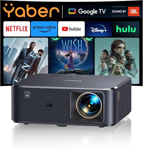 Beamer 4K mit Android TV 11.0, Sound by JBL, Dolby Audio, NFC, Autofokus, Auto Trapezkorrektur, WiFi6, Bluetooth, YABER K2s 1000 ANSI 1080P Full HD Beamer Heimkino Outdoor 300" Display Video Projektor