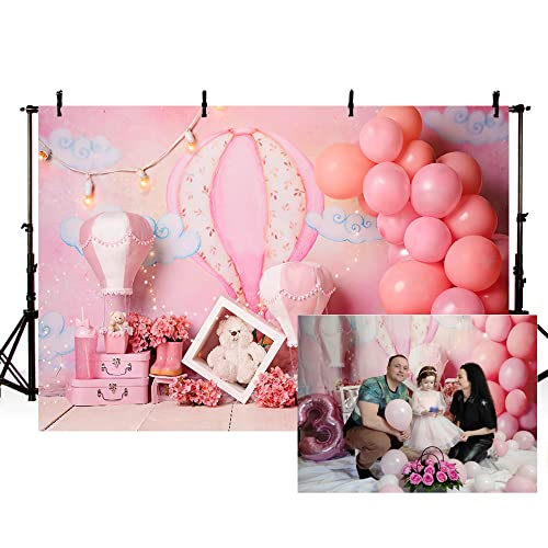 MEHOFOND 2,1x1,5 m Rosa Mädchen Geburtstag Fotografie Hintergrund Heißluft Ballon Party Hintergrund Kuchen Smash Tisch Dekoration Abenteuer Reise Baby Dusche Porträt Banner Tapete Lieferant