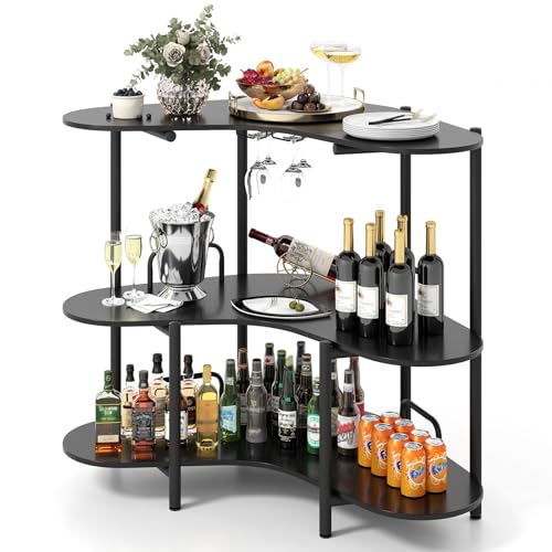 COSTWAY Bartisch Küche, 3 Ebenen Hausbar, Küchentheke mit Glashalter, Theke Bar mit Metallrahmen, Minibar Weinbarschrank, verstellbare Füße, 120 x 66 x 102 cm (Schwarz)