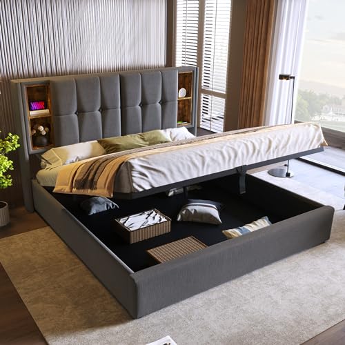 Merax Polsterbett 160x200cm mit Stauraum Kopfteil, Modern Doppelbett Bettgestell mit Kabellosem Laden USB C, Hydraulisch Stauraumbetten, Holz Lattenrost, Jugendbetten, ohne Matratze, Baumwolle, Grau