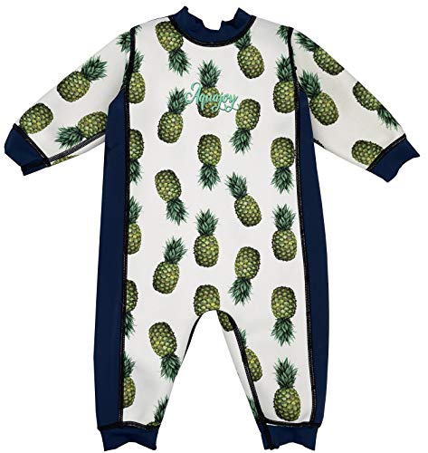 Aquajoy Warmsy - Premium Wende-Schwimmanzug | Warmer Neoprenanzug für Babys & Kleinkinder | Warme Ganzkörper-Badebekleidung für Jungen & Mädchen | 2 in 1-Design (Blaue Ananas) Gr. 3-6 Monate