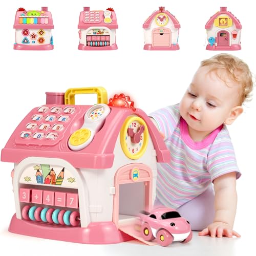 BABECTOY Montessori Spielzeug ab 1 2 Jahre, 8 in 1 Multi Funktions Haus, Baby Spielzeug ab 6 Monate mit Musik and Licht, Geburtstagsgeschenke für 1 2 Jahre Mädchen (Rosa)