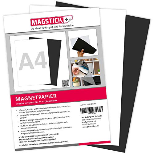 10er Set Magnetpapier I weiß I DIN A4 I DIY I magnetische Rückseite I mit gängigem Inkjet Drucker bedruckbar I zum Beschriften, bedrucken oder als magnetisches Foto-Papier I mag220