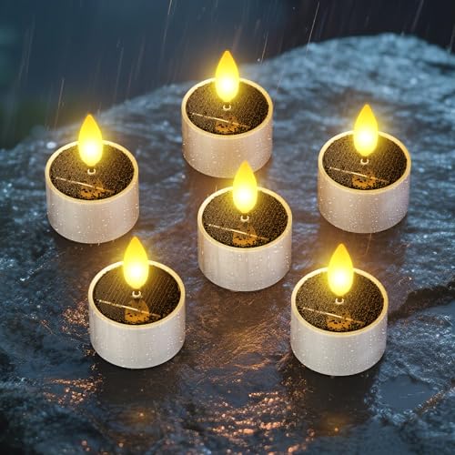 SoulBay Solar Teelichter für Außen, 6er Solar LED Kerzen Outdoor Wasserdicht Dusk To Dawn Solarkerzen Wiederaufladbar LED Teelichter Flackernd für Balkon Laterne Inner Zimmer Terrassen Garten Deko