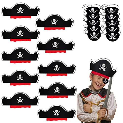 MOSNOW 10 Stück Piratenhut + 10 Stück Augenklappe, Filz Piratenkapitän Hut Schädel Zubehör Set für Kindergeburtstag Piratenparty Weihnachten
