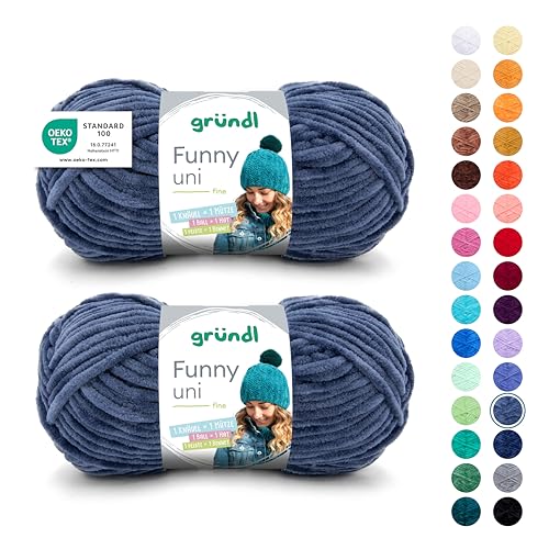 Gründl Wolle Funny uni - weiche Chenille Wolle zum Häkeln - Chenillegarn aus 100% Polyester, 2 Knäuel (100 g/ 120 m, Nadelstärke: 5-6) - Jeans