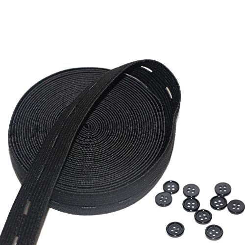Schwarzes Knopfloch-Elastik-Set, 1,9 cm (3/4 Zoll), 4,5 m (4,5 m) mit 10 Harz-Knöpfen für Familien und Kinder
