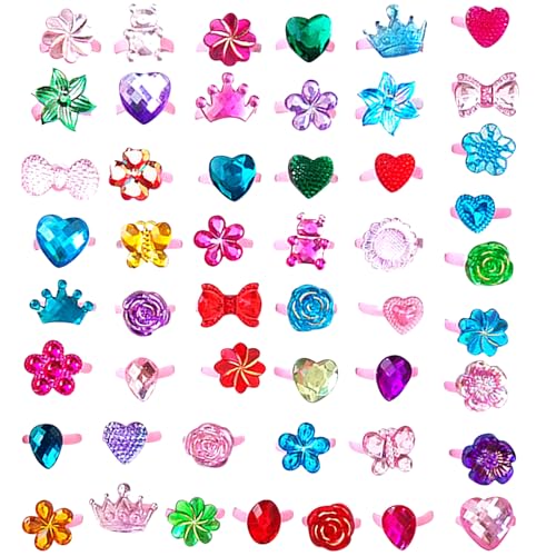 JSTHHTT 50 Stücke Mädchen Ringe, Prinzessin Schmuck Set, Ring Kinder Mädchen, Einstellbar, Keine Duplikation, Mädchen Vorgeben spielen und Verkleiden Ringe für Kinder Geburtstag Party Favors
