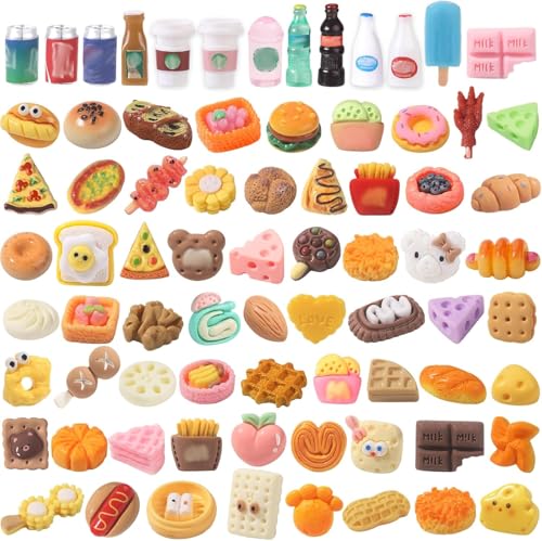 XIMISHOP 100 Stück Miniatur Essen und Trinken, Miniatur Lebensmittel Harz Spielzeug Set Kleine Küche Puppenhaus Zubehör für die Dekoration von Mini-Küchen Puppenhäusern Fotorahmen -Randomisierter Stil